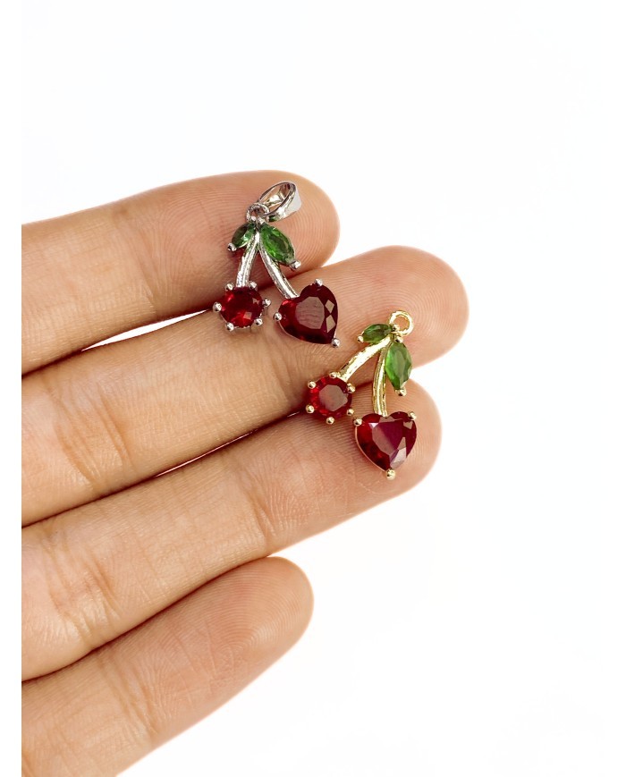 Pirinç Zirkon Taşlı Kiraz Kolye Bileklik Ucu Charm Gümüş 1 Adet