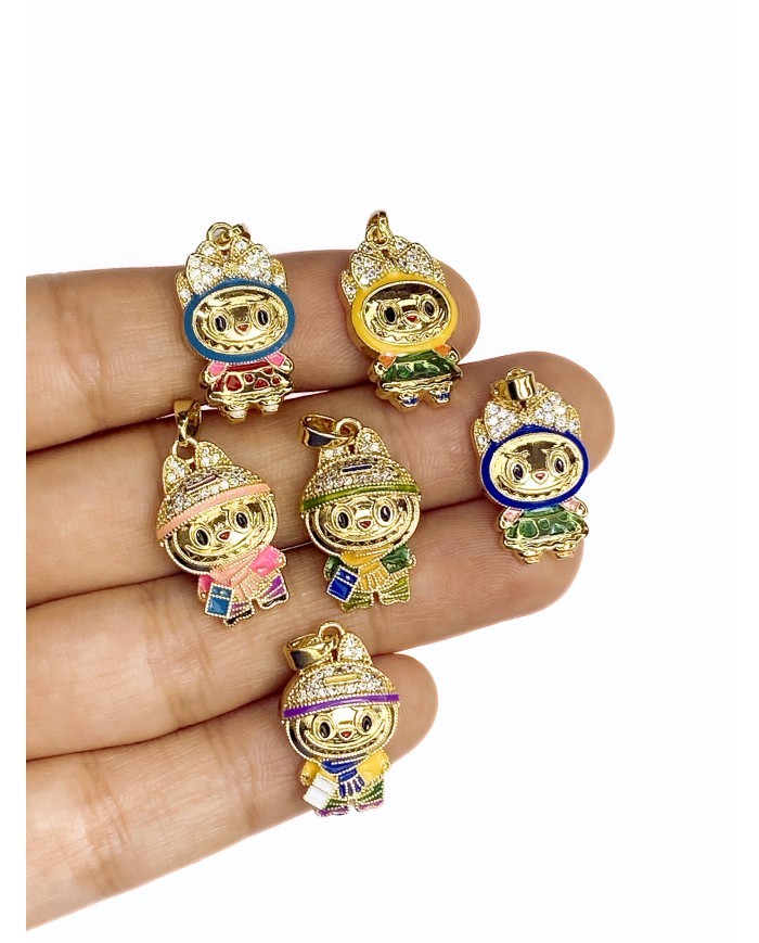 Pirinç Zirkon Taşlı Labubu Kolye Bileklik Ucu Charm Pembe 1 Adet