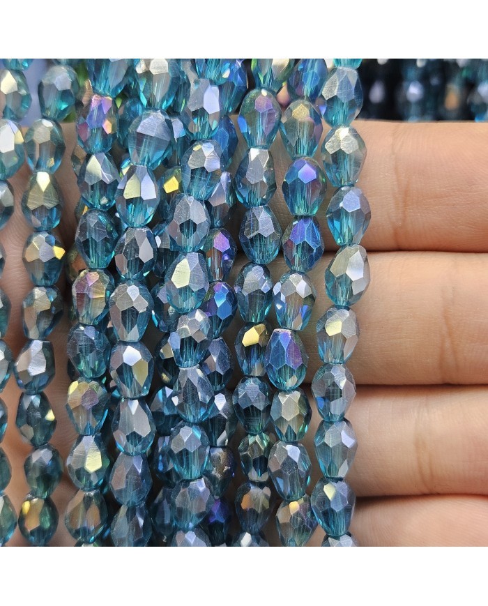 6mm İpe Dizili Damla Kristal Boncuk Şeffaf Janjanlı Mavi - 1 Dizi