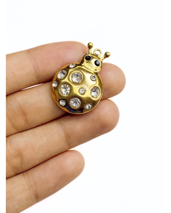 Çelik Taşlı Uğurböceği Kolye Bileklik Ucu Charm Şeffaf 1 Adet