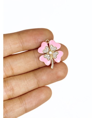 Pirinç Zirkon Taşlı Yonca Kolye Bileklik Ucu Charm Pembe 1 Adet