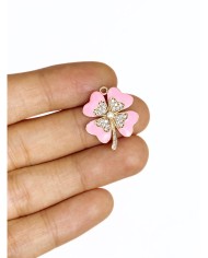 Pirinç Zirkon Taşlı Yonca Kolye Bileklik Ucu Charm Pembe 1 Adet