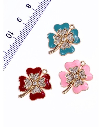 Pirinç Zirkon Taşlı Yonca Kolye Bileklik Ucu Charm Pembe 1 Adet