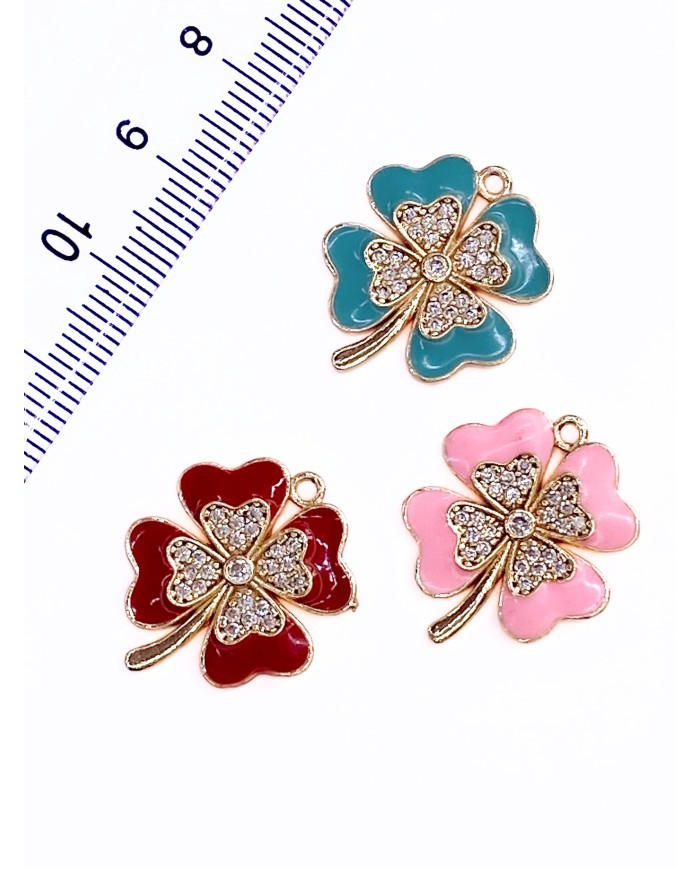 Pirinç Zirkon Taşlı Yonca Kolye Bileklik Ucu Charm Pembe 1 Adet