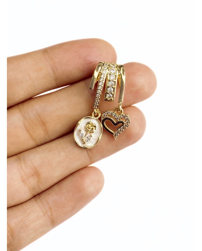 Pirinç Zirkon Taşlı Kalp Gül Detaylı Kolye Bileklik Ucu Charm 1 Adet