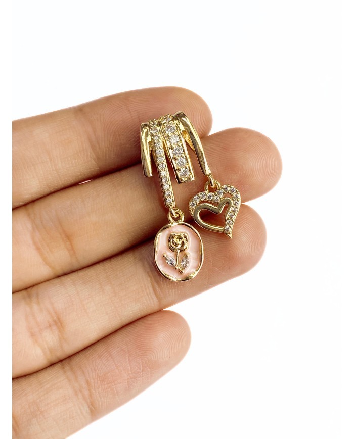 Pirinç Zirkon Taşlı Kalp Gül Detaylı Kolye Bileklik Ucu Charm Pembe 1 Adet