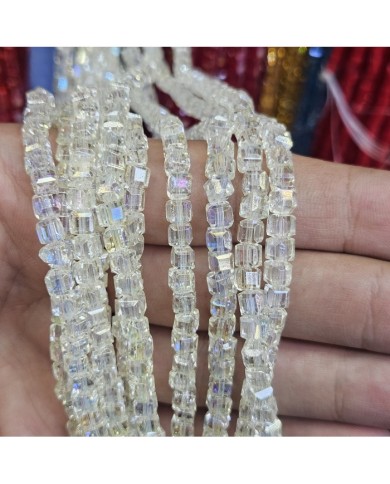 4mm İpe Dizili Küp Kristal Boncuk Şeffaf Janjanlı Beyaz - 1 Dizi