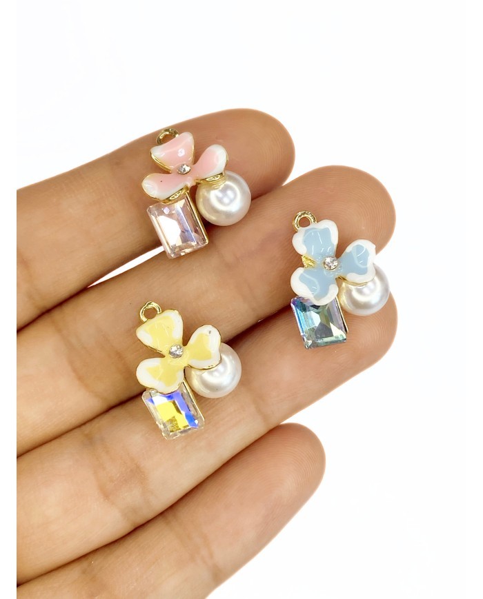 Pirinç Zirkon Mineli Çiçek Taşlı İncili Kolye Bileklik Ucu Charm Mavi 1 Adet