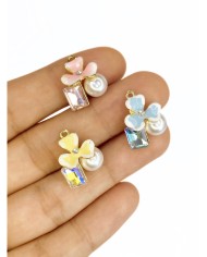 Pirinç Zirkon Mineli Çiçek Taşlı İncili Kolye Bileklik Ucu Charm Pembe 1 Adet