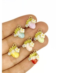 Pirinç Zirkon Taşlı Papatyalı Çilek Kolye Bileklik Ucu Charm Pembe 1 Adet