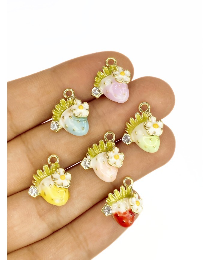 Pirinç Zirkon Taşlı Papatyalı Çilek Kolye Bileklik Ucu Charm Yeşil 1 Adet