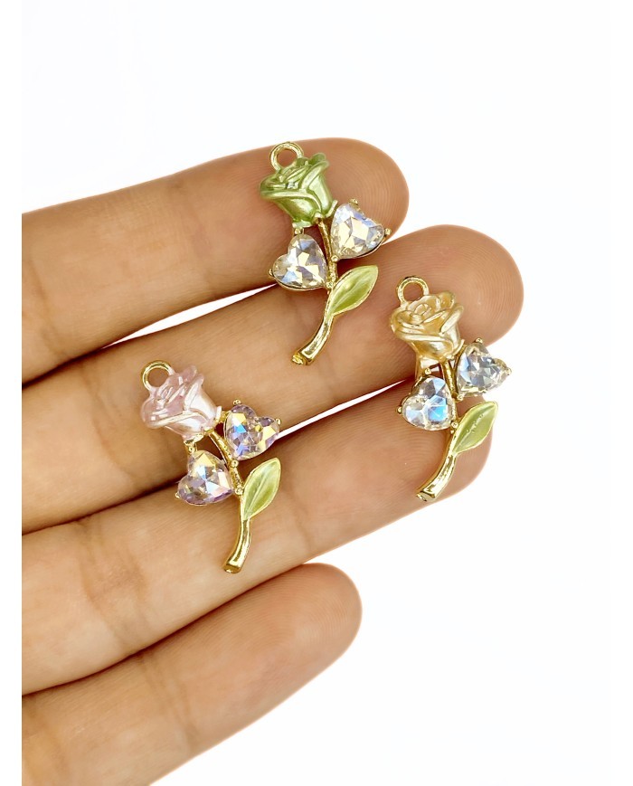 Pirinç Zirkon Taşlı Kalp Gül Kolye Bileklik Ucu Charm Pembe 1 Adet