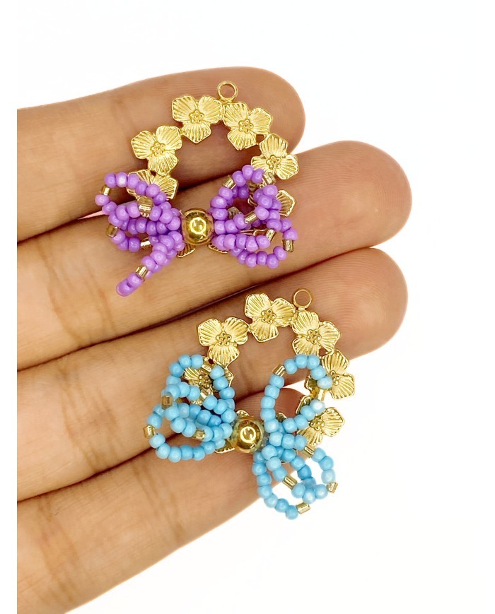 Çelik Fiyonk Çiçek Boncuklu Plaka Kolye Bileklik Ucu Charm Mavi 1 Adet