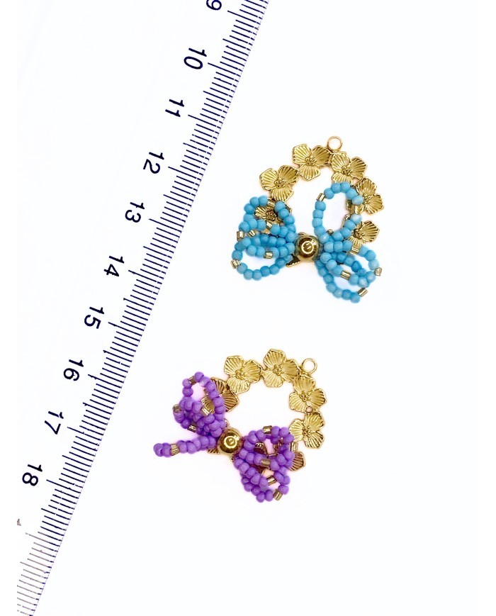 Çelik Fiyonk Çiçek Boncuklu Plaka Kolye Bileklik Ucu Charm Mavi 1 Adet