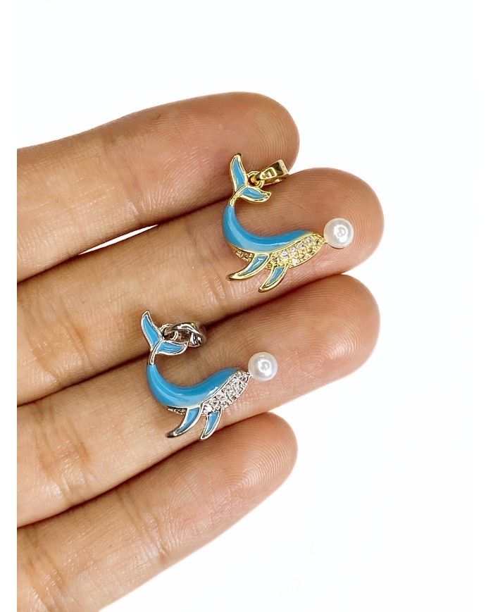 Pirinç Zirkon Taşlı İncili Yunus Balığı Kolye Bileklik Ucu Charm Gümüş 1 Adet