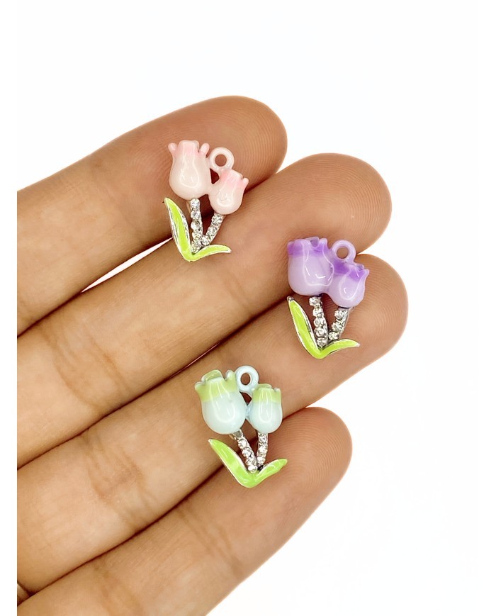 Pirinç Zirkon Taşlı Lale Kolye Bileklik Ucu Charm Mavi 1 Adet