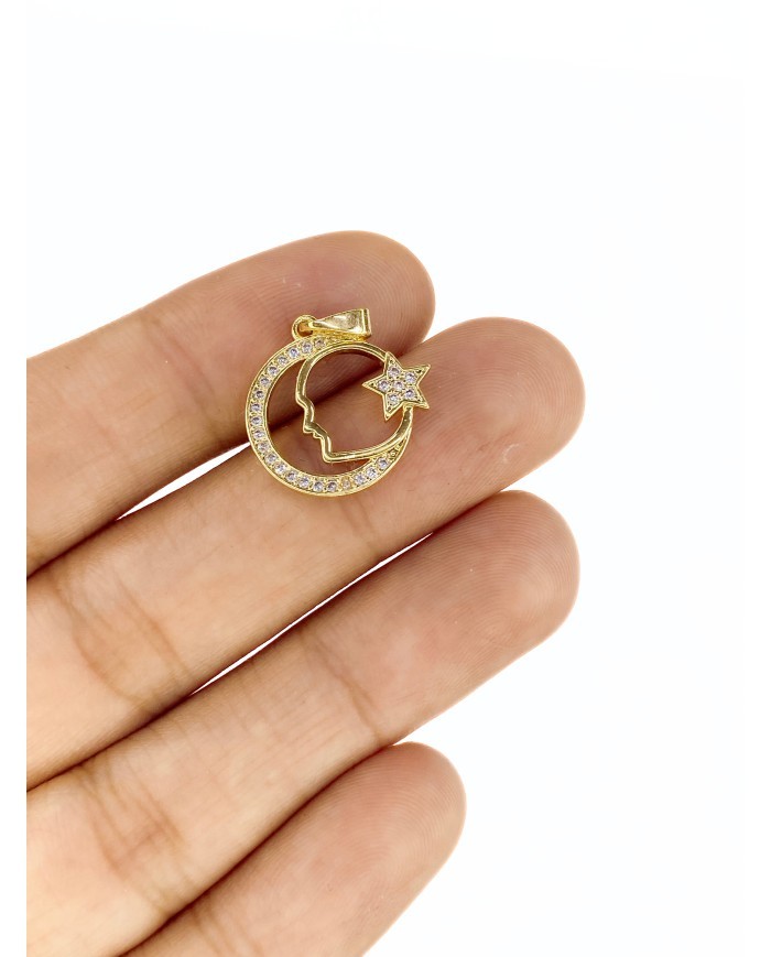 Pirinç Zirkon Taşlı Ay Yıldızlı Atatürk Silueti Kolye Bileklik Ucu Charm Altın 1 Adet