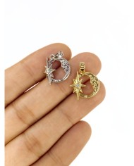 Pirinç Zirkon Taşlı Ay Yıldız Kolye Bileklik Ucu Charm Gümüş 1 Adet