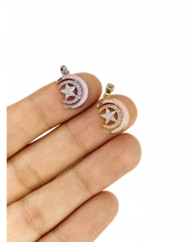Pirinç Zirkon Taşlı Ay Yıldız Kolye Bileklik Ucu Charm Gümüş Pembe 1 Adet