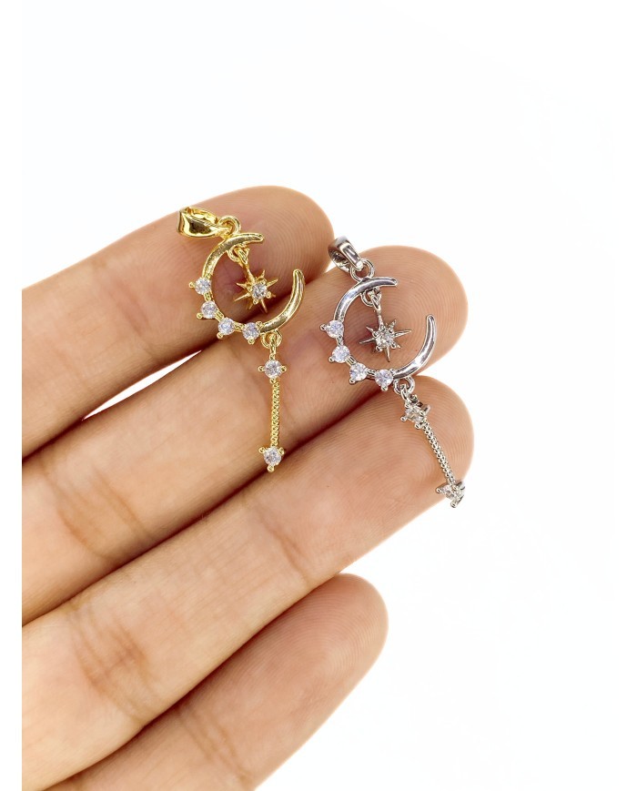 Pirinç Zirkon Taşlı Sallantılı Ay Yıldız Kolye Bileklik Ucu Charm Altın 1 Adet
