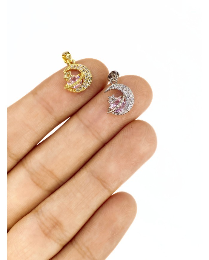 Pirinç Zirkon Taşlı Ay Kolye Bileklik Ucu Charm Gümüş 1 Adet