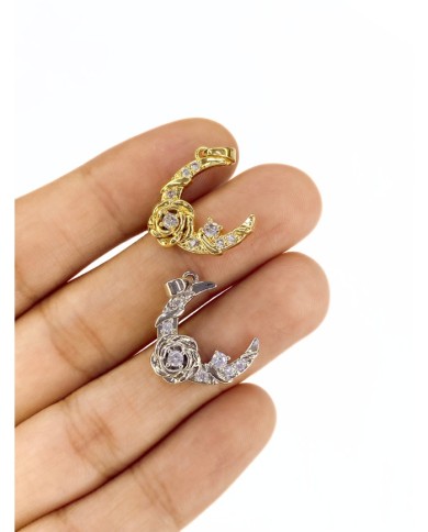 Pirinç Zirkon Taşlı Gül Detaylı Ay Kolye Bileklik Ucu Charm Gümüş 1 Adet