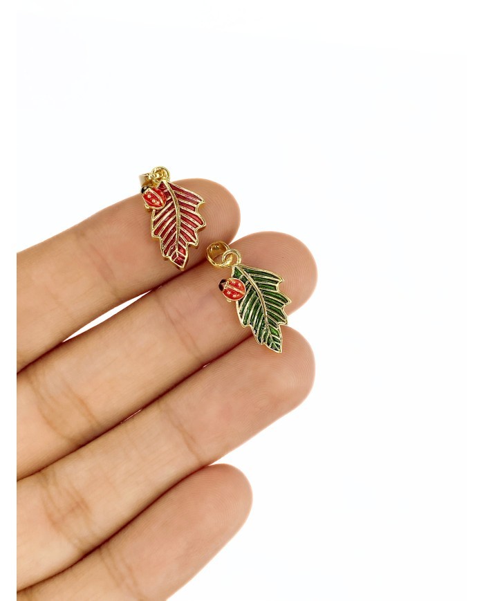 Pirinç Zirkon Mineli Uğur Böcekli Yaprak Kolye Bileklik Ucu Charm Yeşil 1 Adet