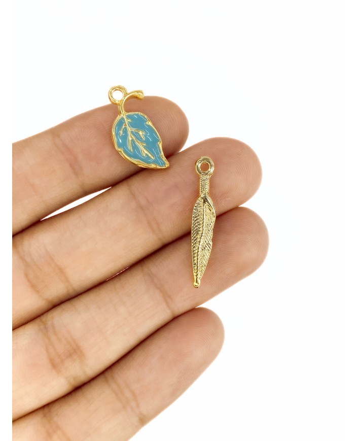 Pirinç Zirkon Mineli Yaprak Kolye Bileklik Ucu Charm Mavi 1 Adet