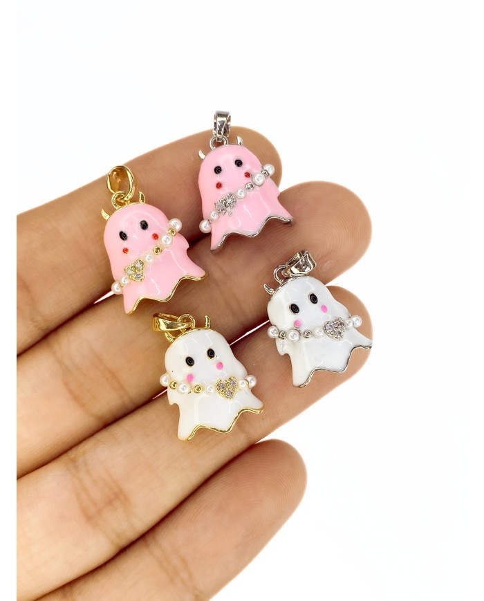 Pirinç Zirkon Taşlı Hayalet Kolye Bileklik Ucu Charm Gümüş Pembe 1 Adet