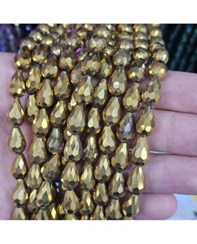 8mm İpe Dizili Damla Kristal Boncuk Metalik Kağlama Gold - 1 Dizi