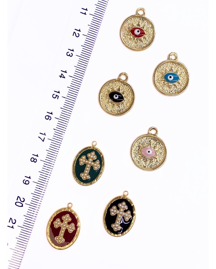 Pirinç Zirkon Mineli Plaka Nazar Göz Kolye Bileklik Ucu Charm Mavi 1 Adet
