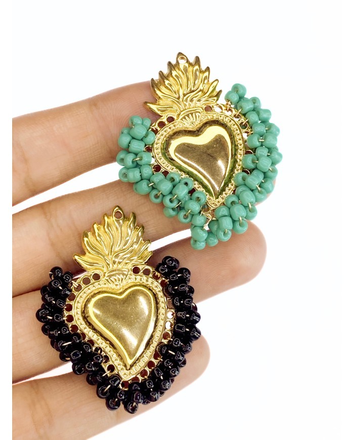 Çelik Mineli Boncuklu Kalp Kolye Bileklik Ucu Charm Siyah 1 Adet