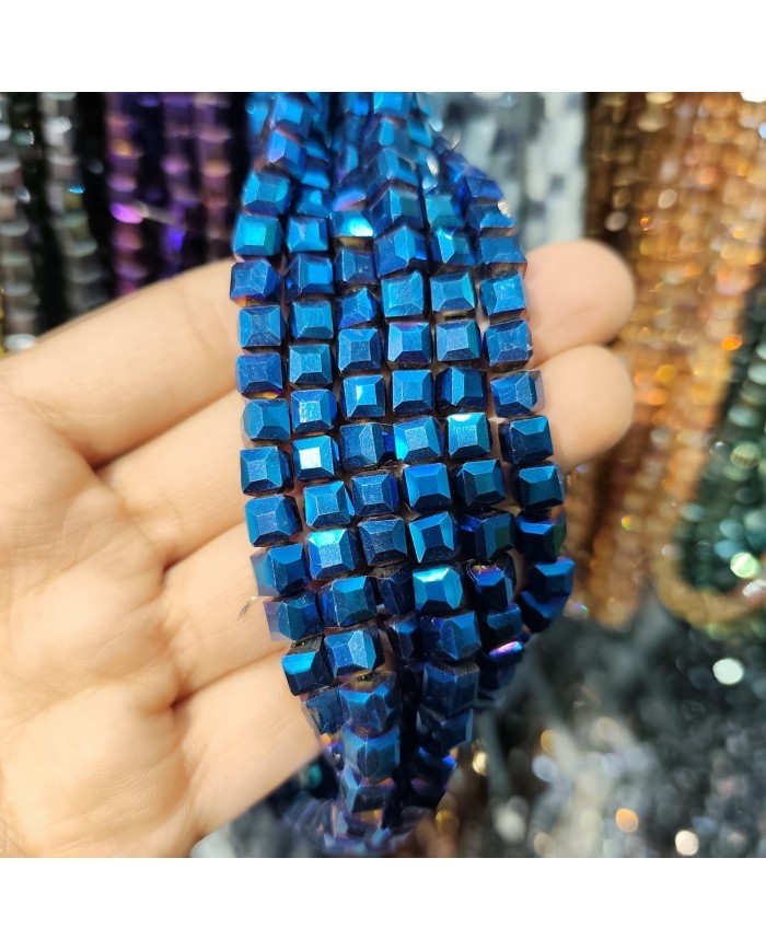 6mm İpe Dizili Küp Kristal Boncuk Metalik Kaplama Canlı Mavi - 1 Dizi