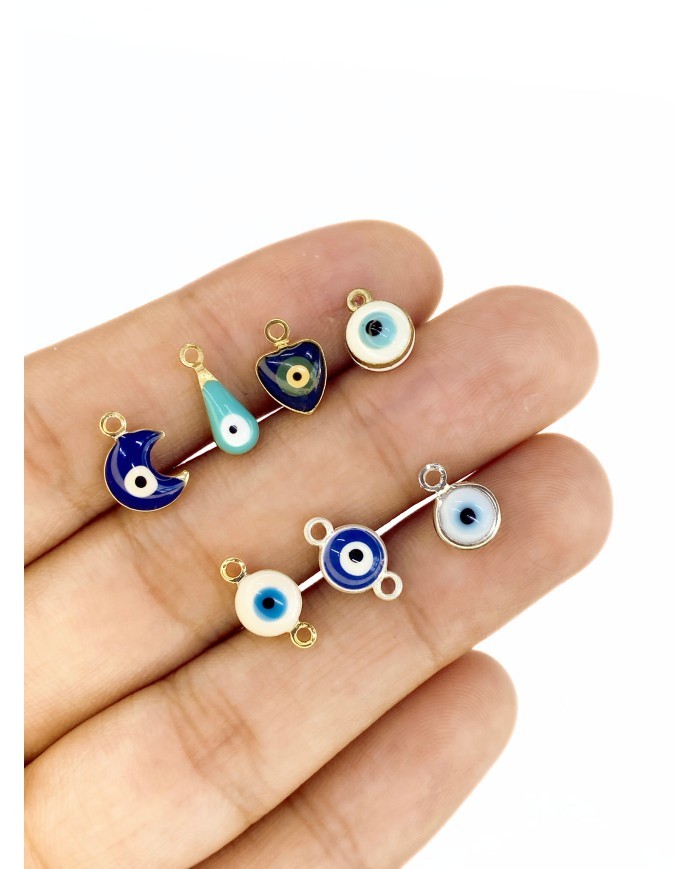 Pirinç Zirkon Mineli Yuvarlak Çift Girişli Nazar Boncuğu Kolye Bileklik Ucu Charm Beyaz 1 Adet