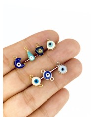 Pirinç Zirkon Mineli Yuvarlak Çift Girişli Nazar Boncuğu Kolye Bileklik Ucu Charm Beyaz 1 Adet