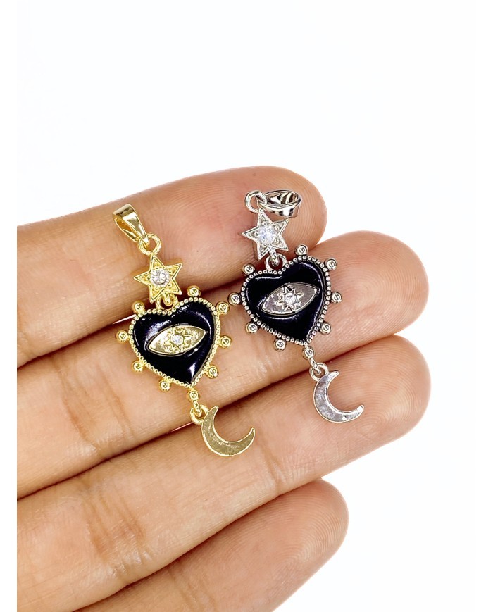 Pirinç Zirkon Taşlı Sallantılı Kalp Kolye Bileklik Ucu Charm Gümüş 1 Adet