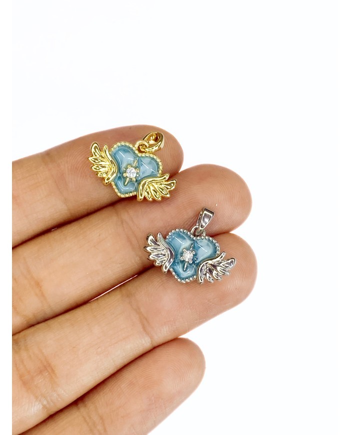 Pirinç Zirkon Taşlı Kalp Kanat Kolye Bileklik Ucu Charm Gümüş 1 Adet