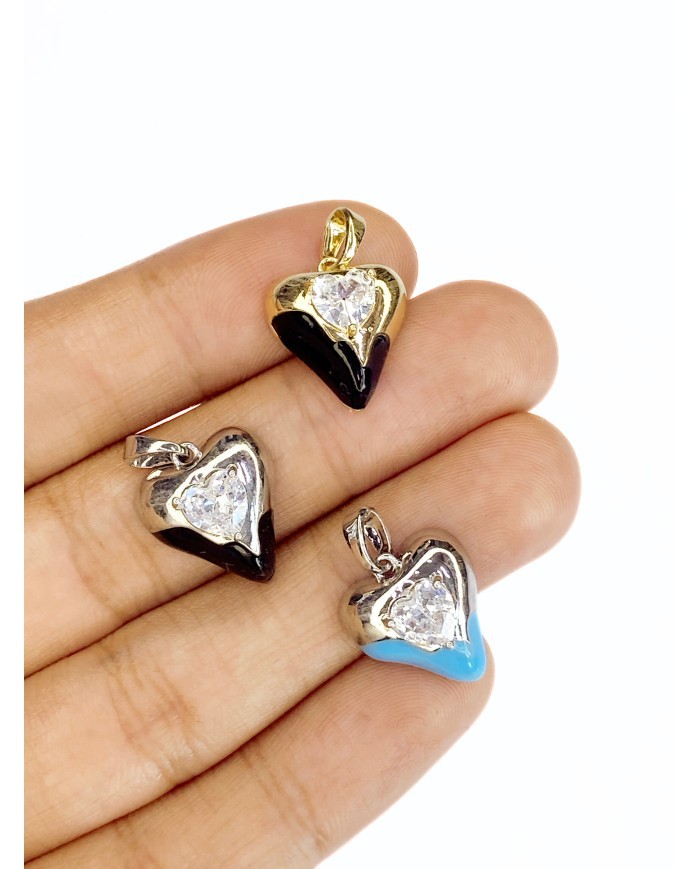 Pirinç Zirkon Taşlı Kalp Kolye Bileklik Ucu Charm Gümüş Siyah 1 Adet