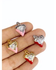 Pirinç Zirkon Taşlı Kalp Kolye Bileklik Ucu Charm Gümüş Kırmızı 1 Adet