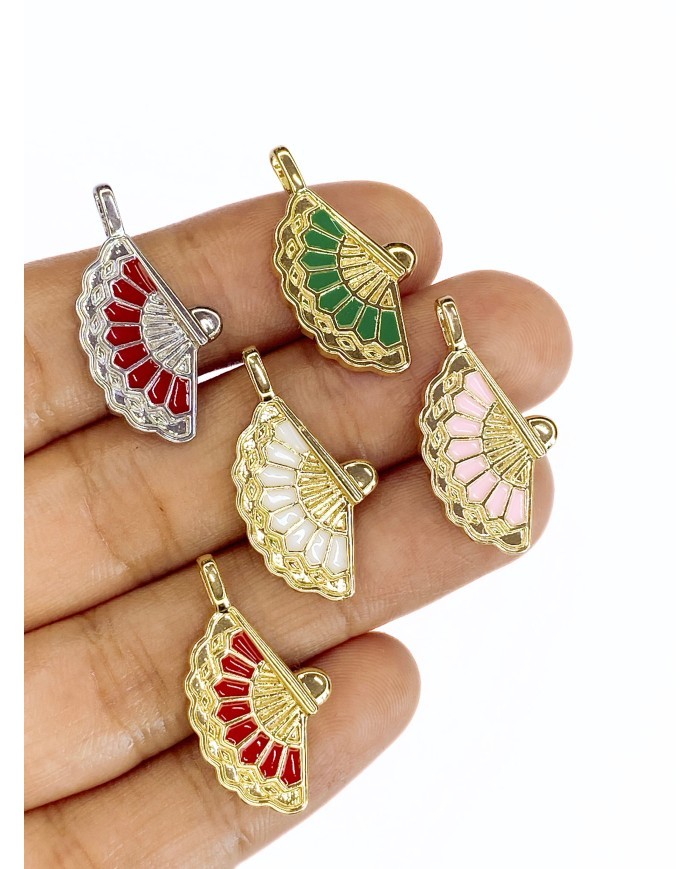 Pirinç Zirkon Mineli Yelpaze Kolye Bileklik Ucu Charm Gümüş Kırmızı 1 Adet