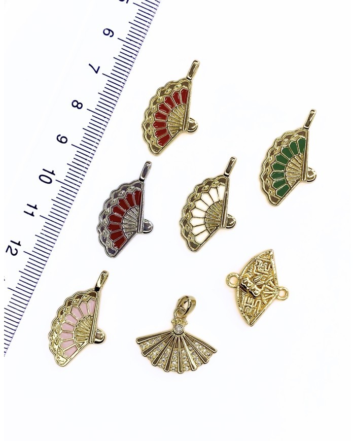 Pirinç Zirkon Mineli Yelpaze Kolye Bileklik Ucu Charm Altın Kırmızı 1 Adet