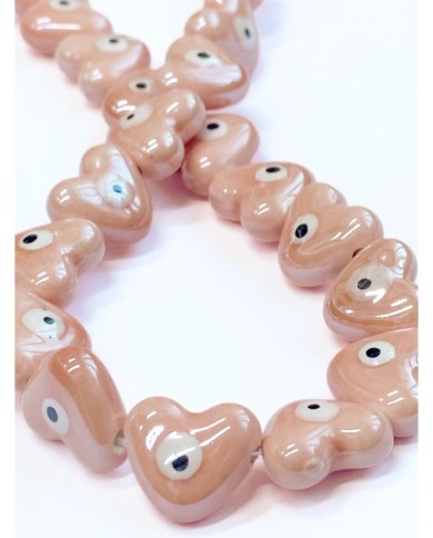 İpe Dizili Seramik Boncuk Pembe Nazar Boncuklu Kalp 13mm - 1 Dizi