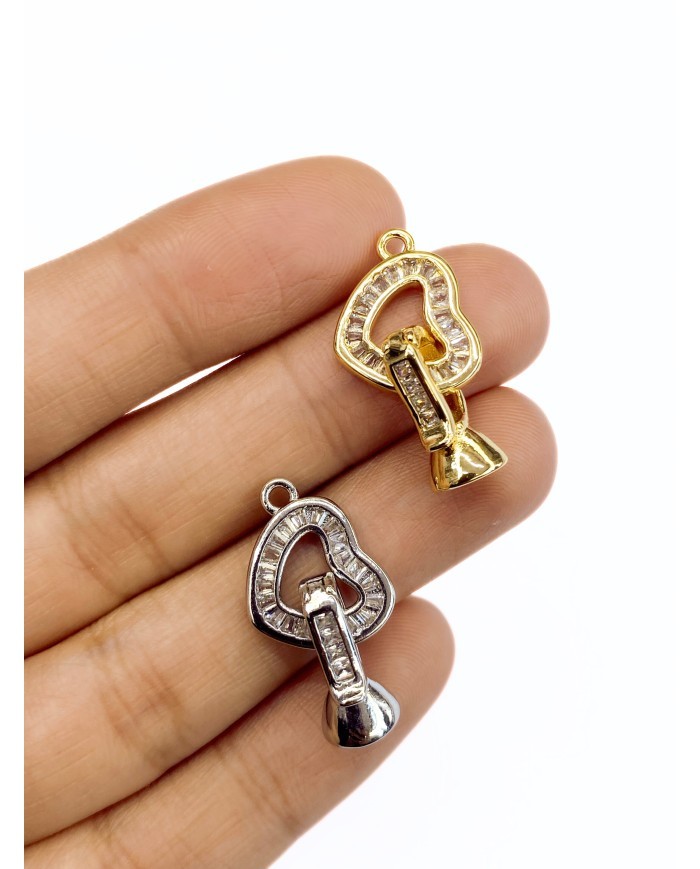 Pirinç Zirkon Taşlı Kapamalı Kalp Uç Nikel - 1 Adet