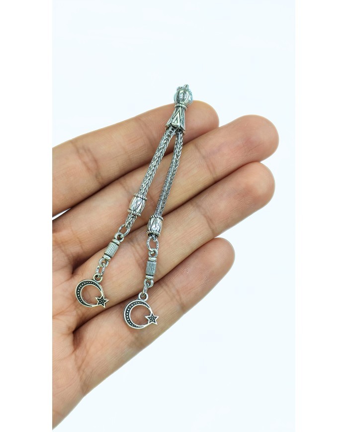 Zamak 2'li Zincir Püsküllü Ay Yıldız Uçlu Tesbih İmamesi Nikel